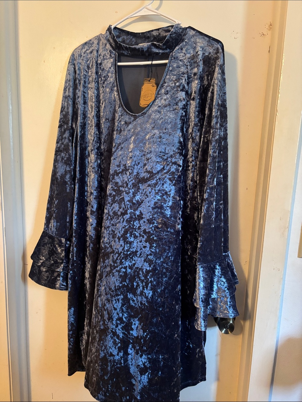Sweet Pea Blue Crushed Velvet Long-Sleeve Shift Dress with Ruffle Cuffs